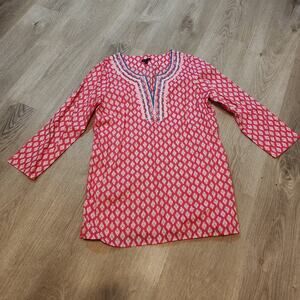 Talbots Pink Embroidered Tunic Top XS Medallion Block Split Neck 3/4 Sleeve Boho